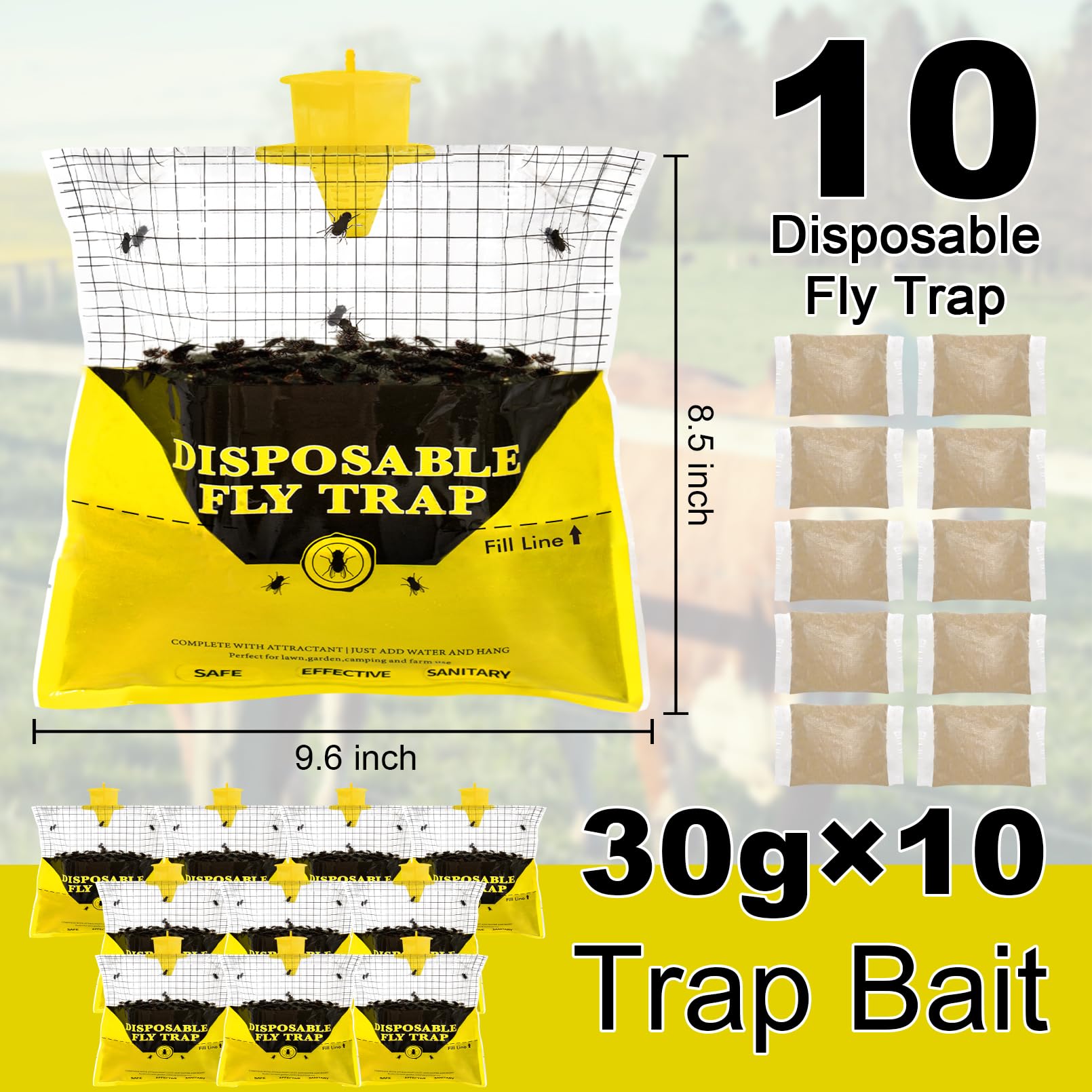 Fly Traps Outdoor Hanging, 10 Natural Pre-Baited Fly Hunter Stable Horse Ranch Fly Trap, Mosquito Fly Bags Outdoor Disposable Catchers Killer Repellent for Barn Farm Patio & Camping