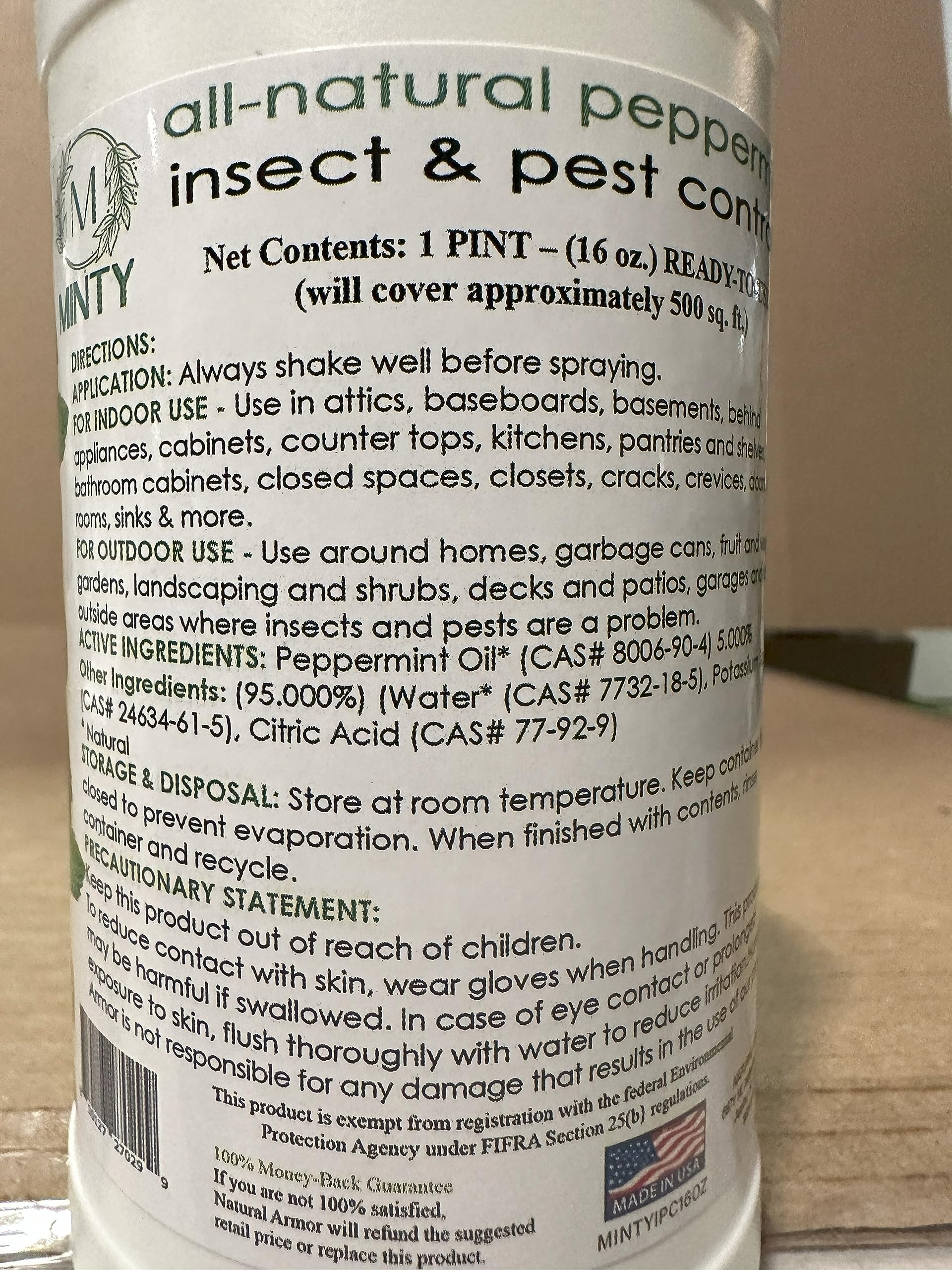 Puremint Insect & Pest Control, Powerful & Natural 5% Peppermint Oil Spray for Ants, Spiders, Bed Bugs, Dust Mites, Roaches and More - Indoor and Outdoor Use, 16 fl oz Pint