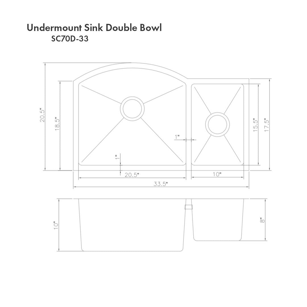 ZLINE Cortina 33 Inch Undermount Double Bowl Sink in Stainless Steel (SC70D-33)