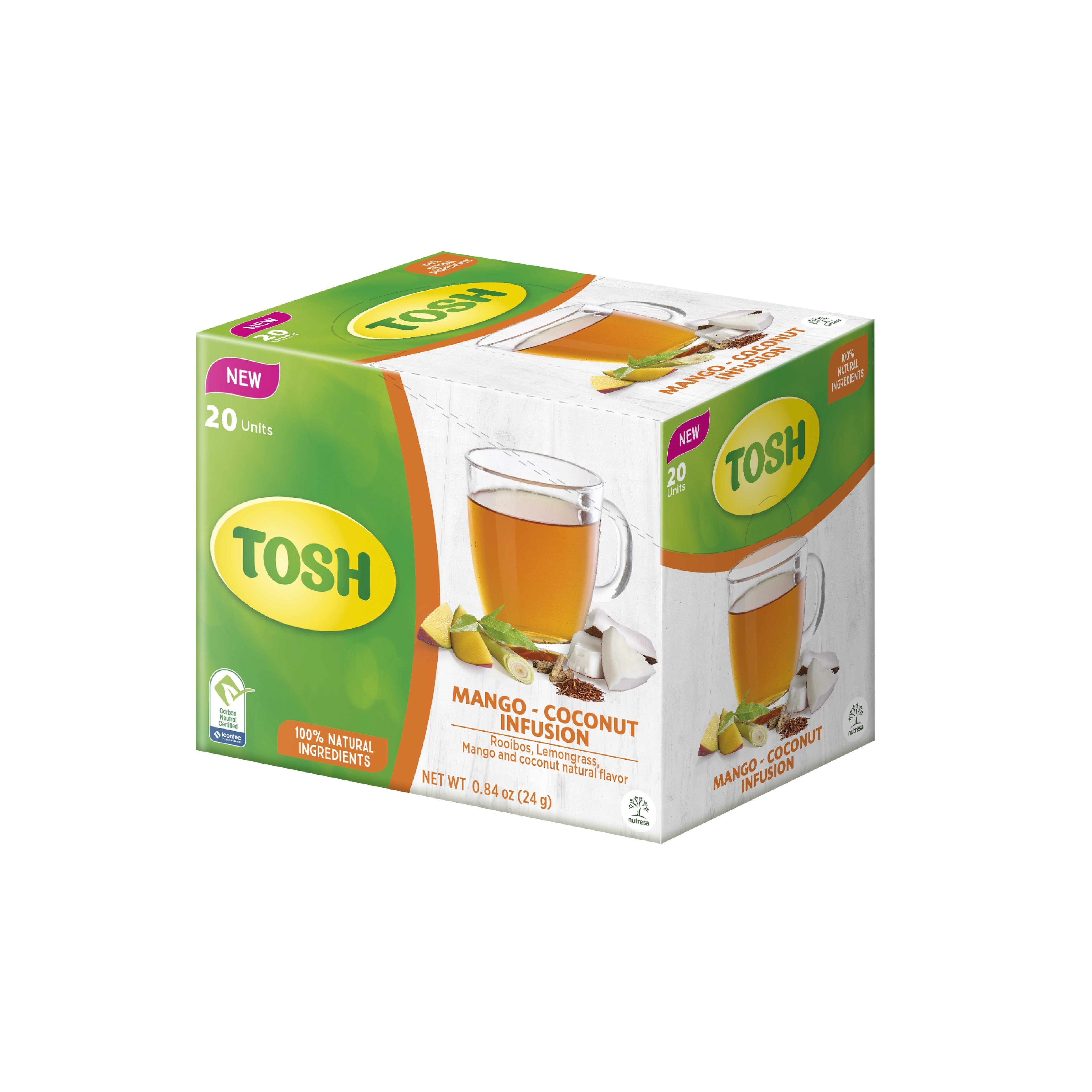 Tosh, Herbal Tea, Mango Coconut, 0.84 Oz, 20 ct