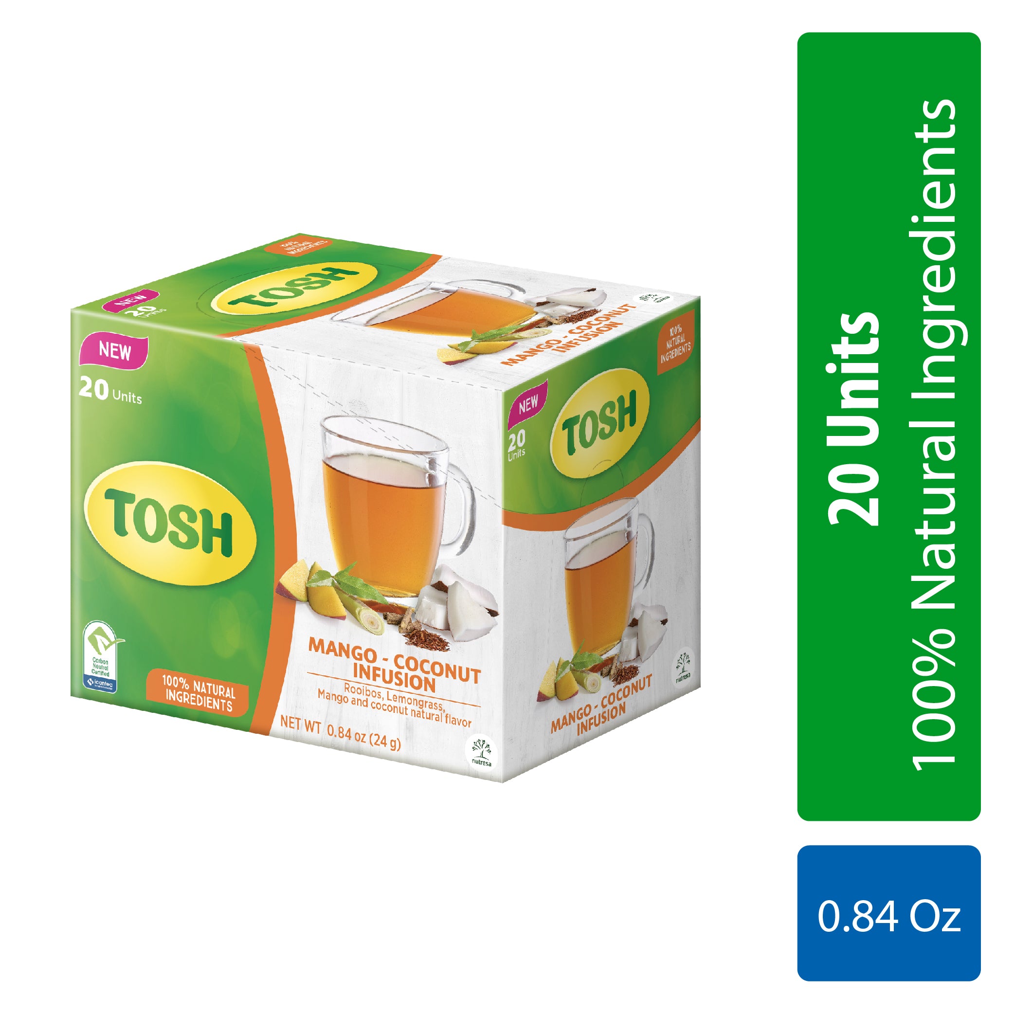 Tosh, Herbal Tea, Mango Coconut, 0.84 Oz, 20 ct