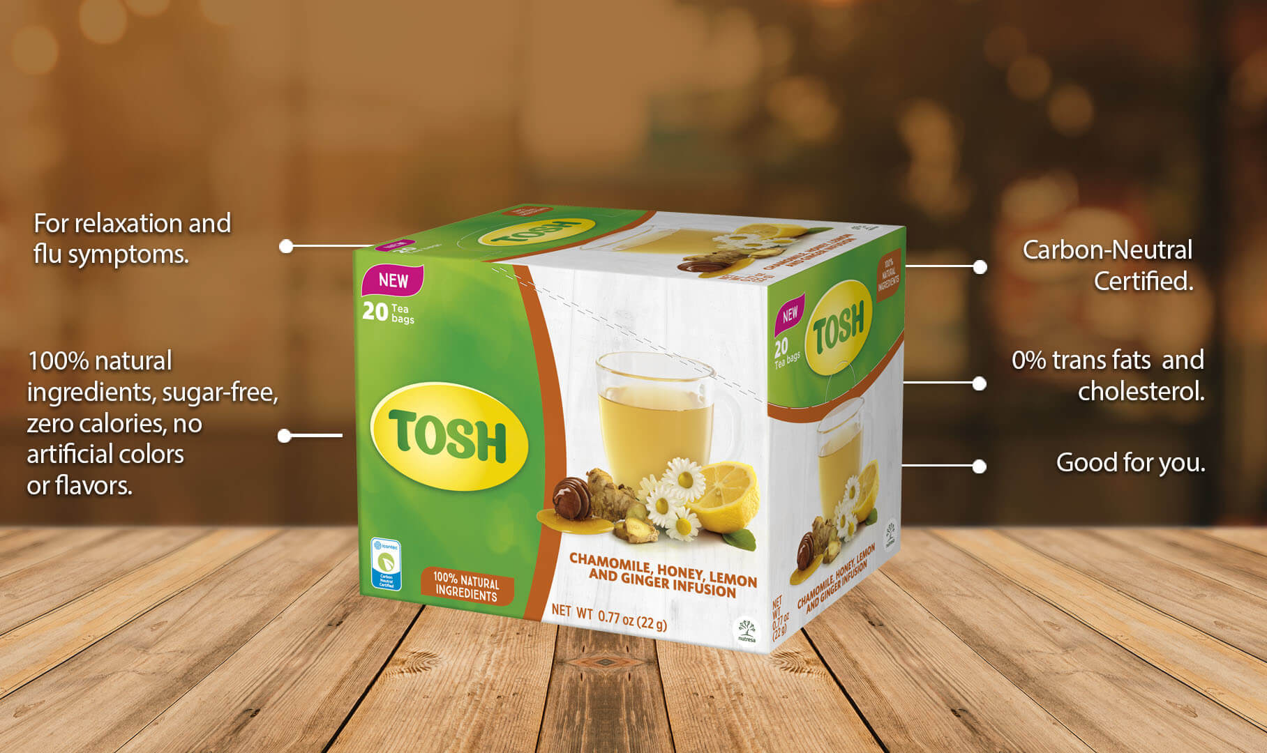 Tosh Chamomile, Honey, Lemon and Ginger Infusion, 0.77 Oz, Box with 20 Tea bags