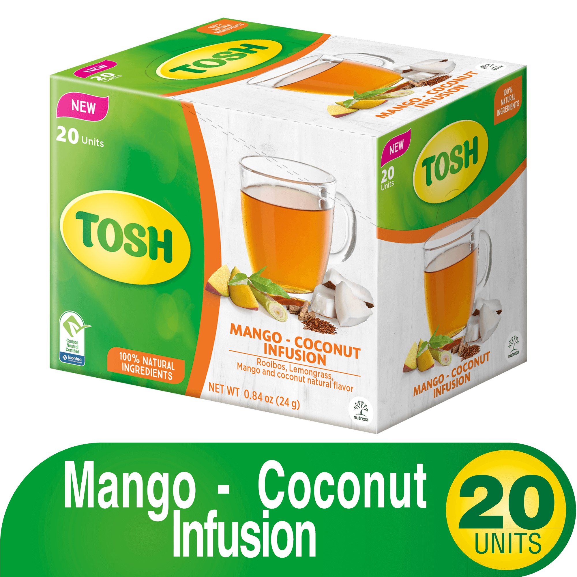 Tosh, Herbal Tea, Mango Coconut, 0.84 Oz, 20 ct