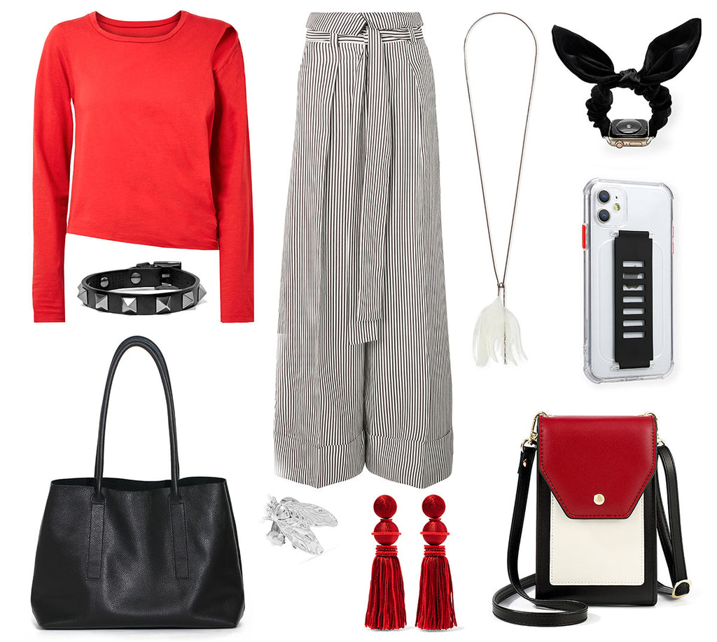 HIMODA styling idea spring - red black tote leather bag - phone bag - iphone case
