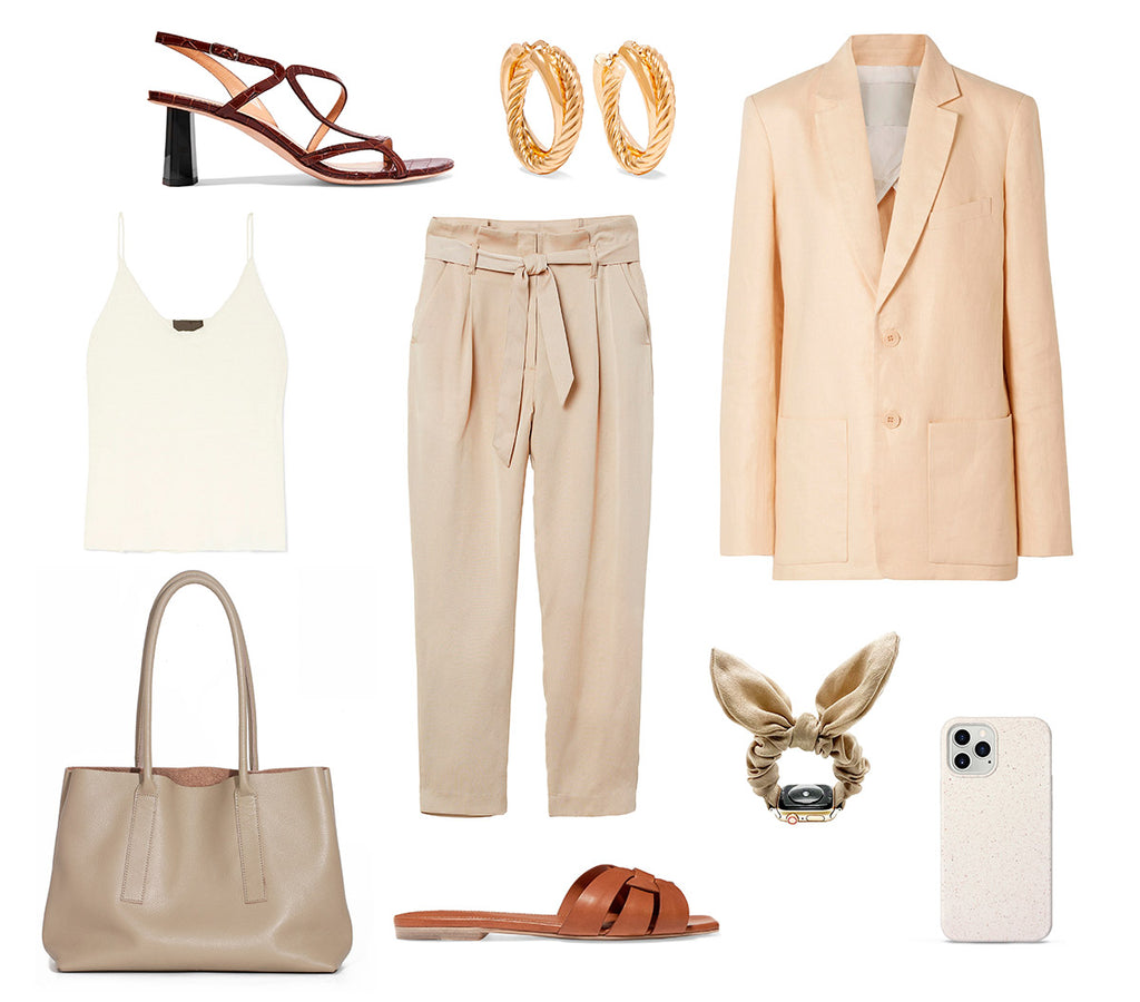 HIMODA beige styling idea-leather tote bag - iphone case-scrunchie iwatch band