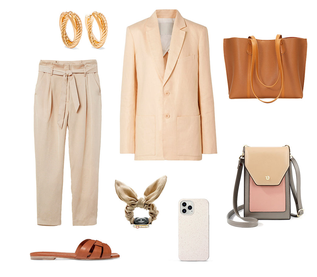 HIMODA beige color styling ideas -spring - camel leather tote bag - phone bag - iphone case 12 - scrunchie watch band