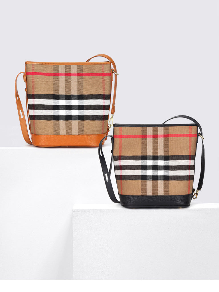 HIMODA scottish tartan bag, bucket bag with leather brim- beige