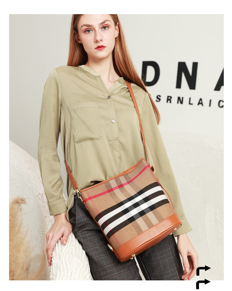 HIMODA scottish tartan bag, bucket bag with leather brim- beige 2