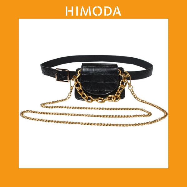 HIMODA leather belt bag with crossbody chain strap- black croco