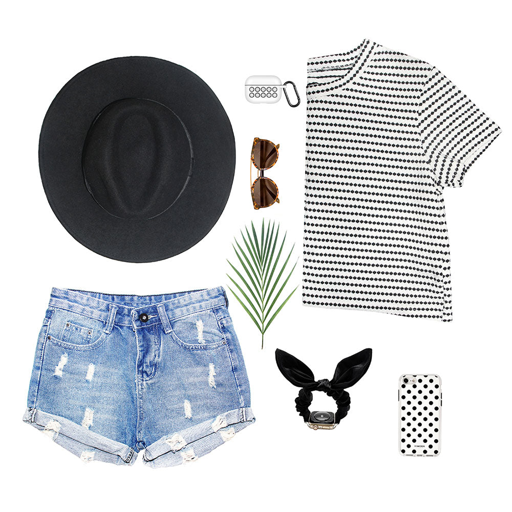HIMODA black white summer styling idea - scrunchie apple watch band - polka dots phone case-airpods case