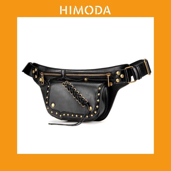 HIMODA real leather punk sling bag, fanny pack in black