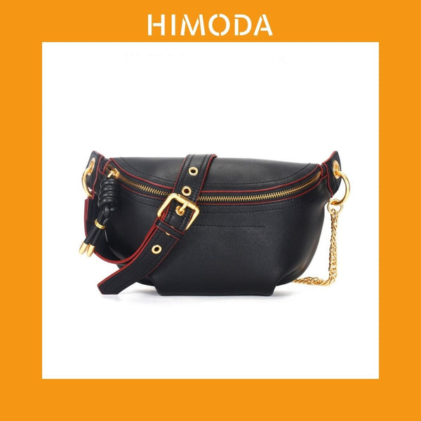 HIMODA real leather sling bag, fanny pack in black with red trim