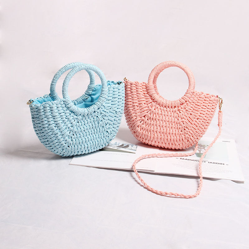 HIMODA summer mini straw handbag tote bag in macaron blue and pink