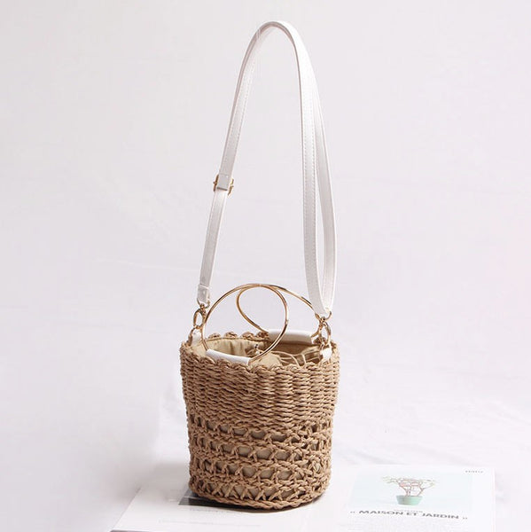 himoda summer straw bucket shoulder bag, tote handbag beige 