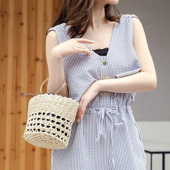 handmade mini straw bucket bag - himoda beige