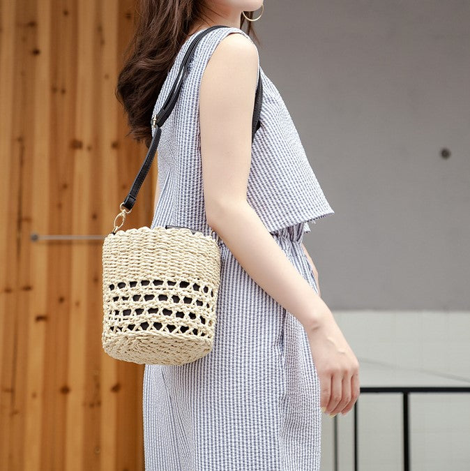 HIMODA handmade small natural straw bucket bag for summer