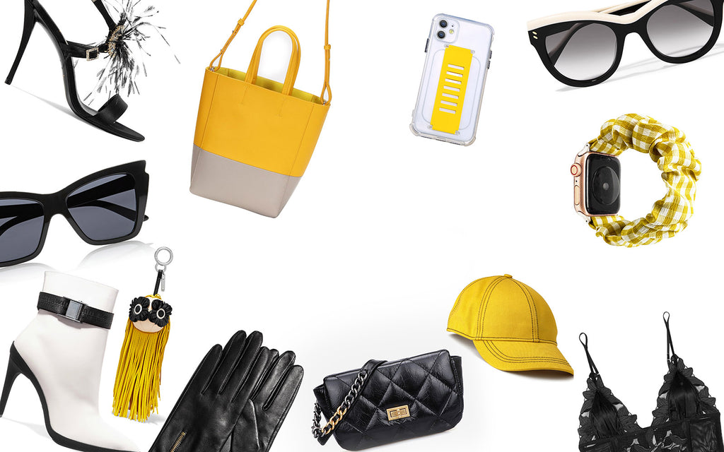 HIMODA styling inspiration - yellow tote bag - black quilted chain bag - scrunchie - iphone case