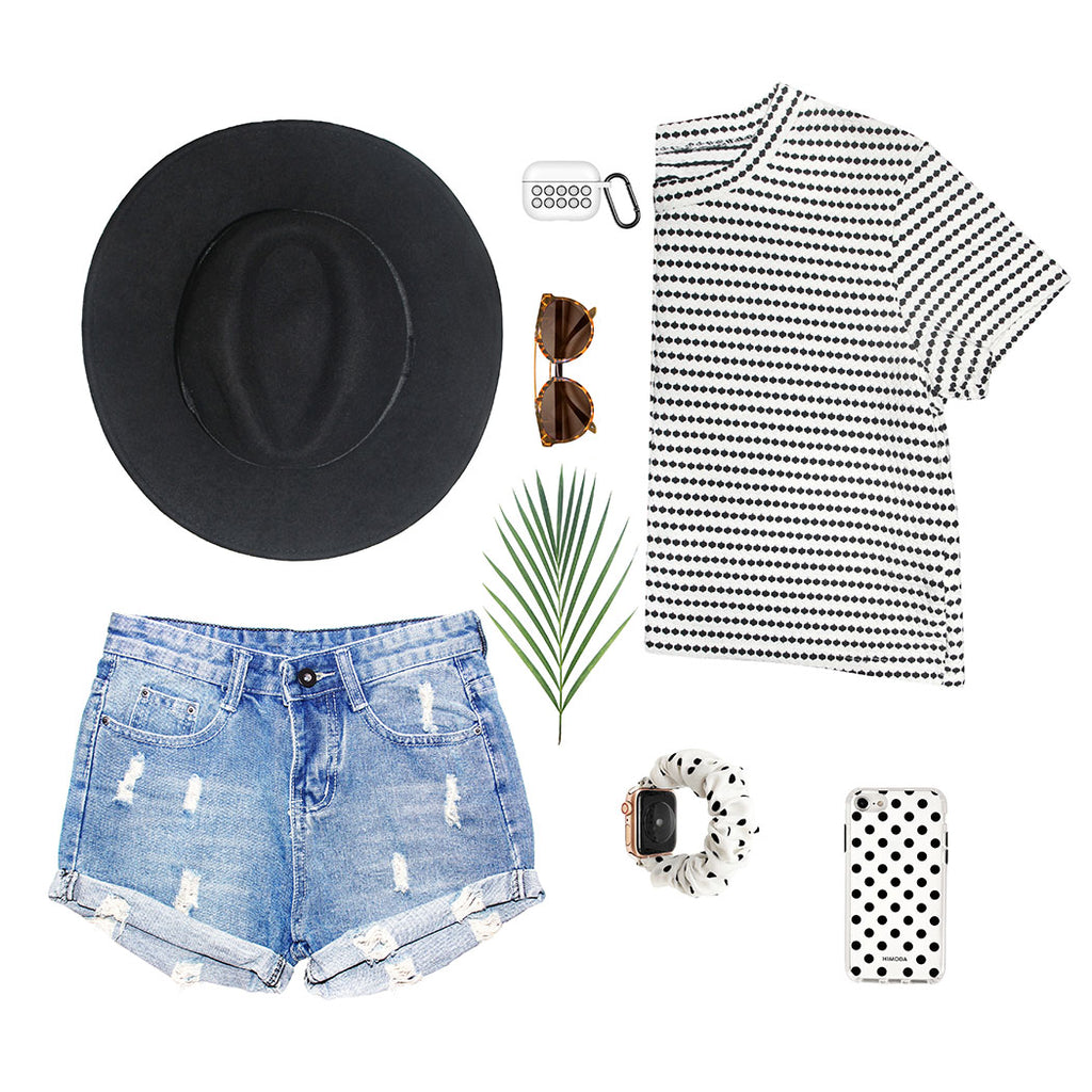 HIMODA white black summer styling - polka dots phone  case- scrunchie watch band-airpods