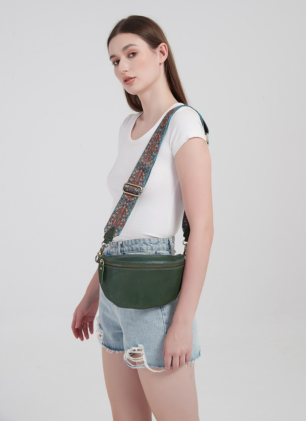 HIMODA wax leather fanny pack- woven strap-green 1