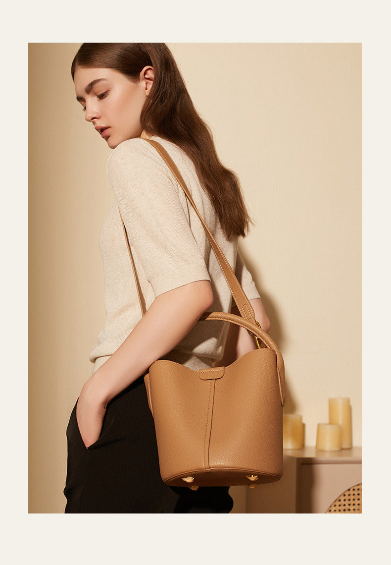 himoda geuine soft leather bucket bag - crossbody - tan brown - detail 2