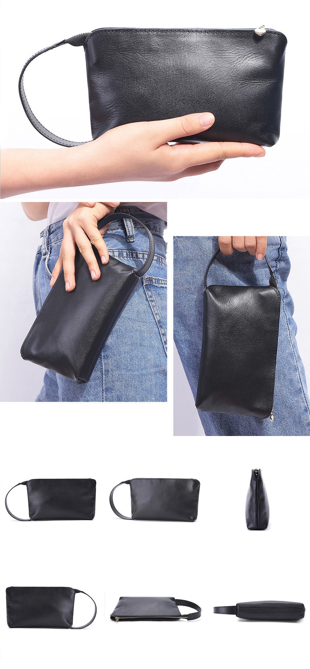 HIMODA waxed leather clutch purse - wristlet-black
