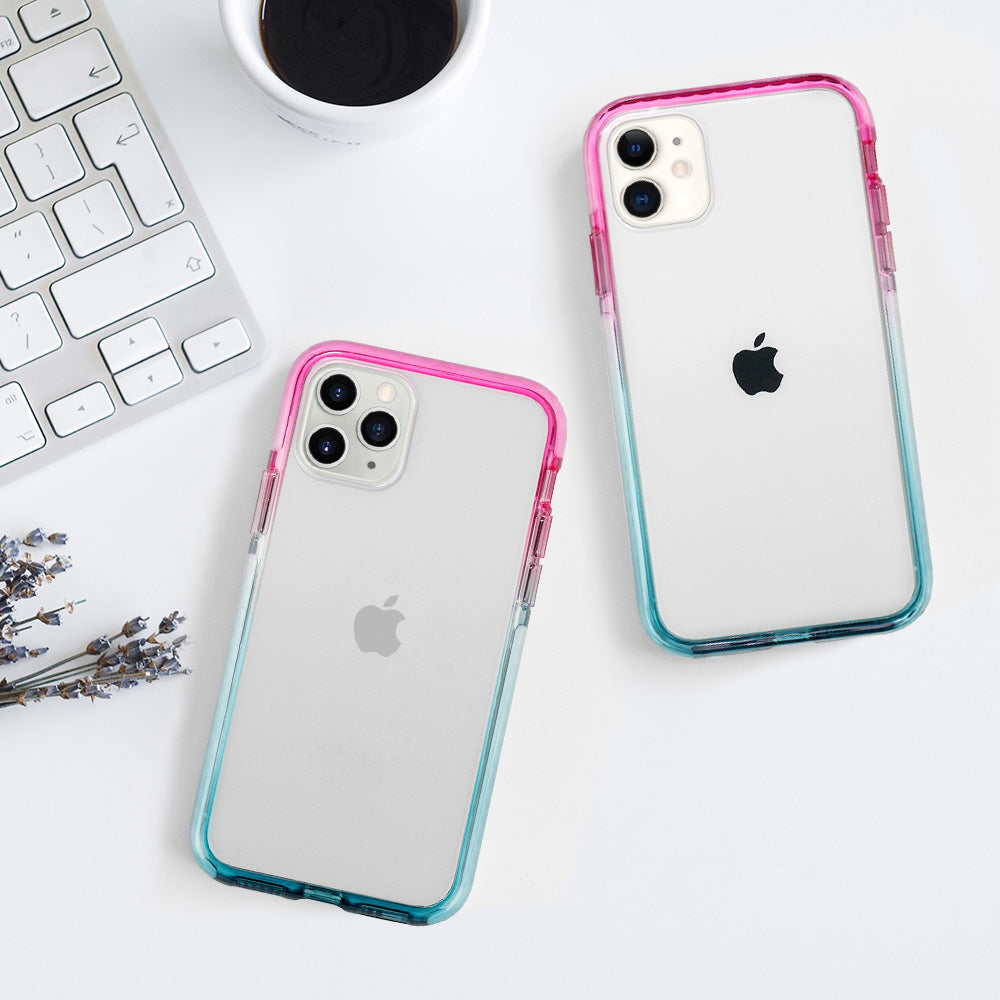 premium clear iphone 12 pro max case with pink and blue bumper- shockproof- HIMODA