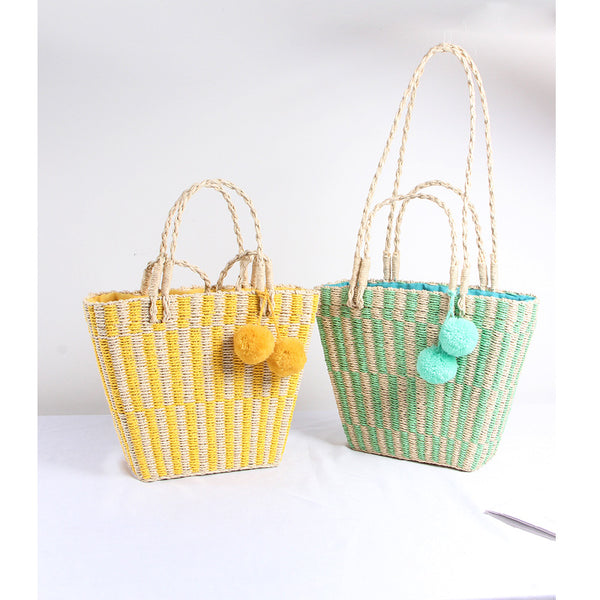 himoda straw bag for summer - bright yellow and pastel mint green
