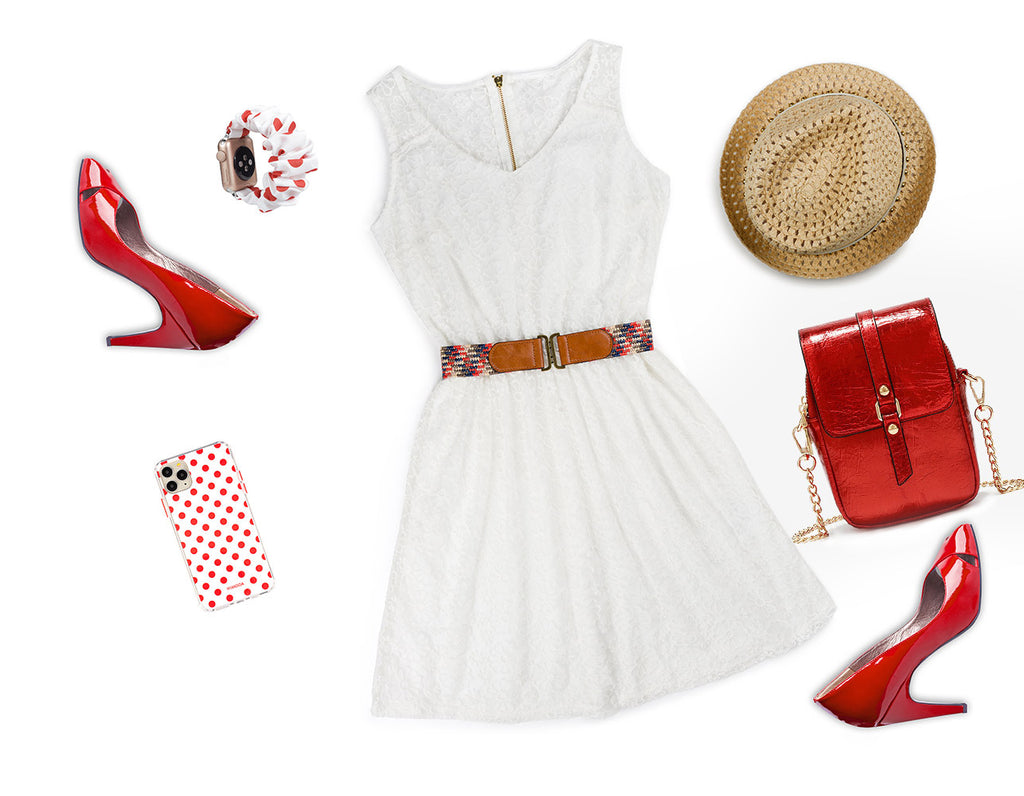 HIMODA Styling idea white red bag- phone case - polka dots -scrunchie -shoes
