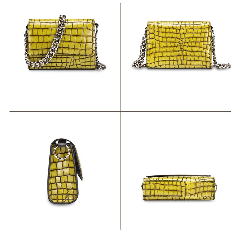 chunky chain link bag mini- croc leather in mustard color - HIMODA
