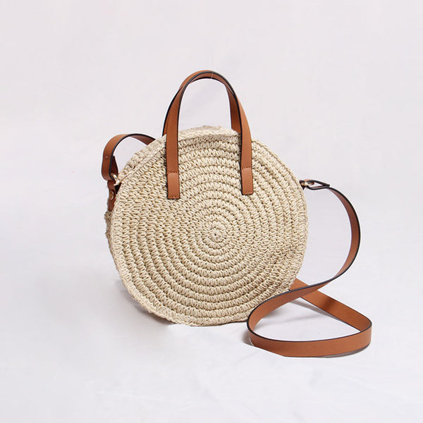 HIMODA round straw tote shoulder bag, beige- leater strap 