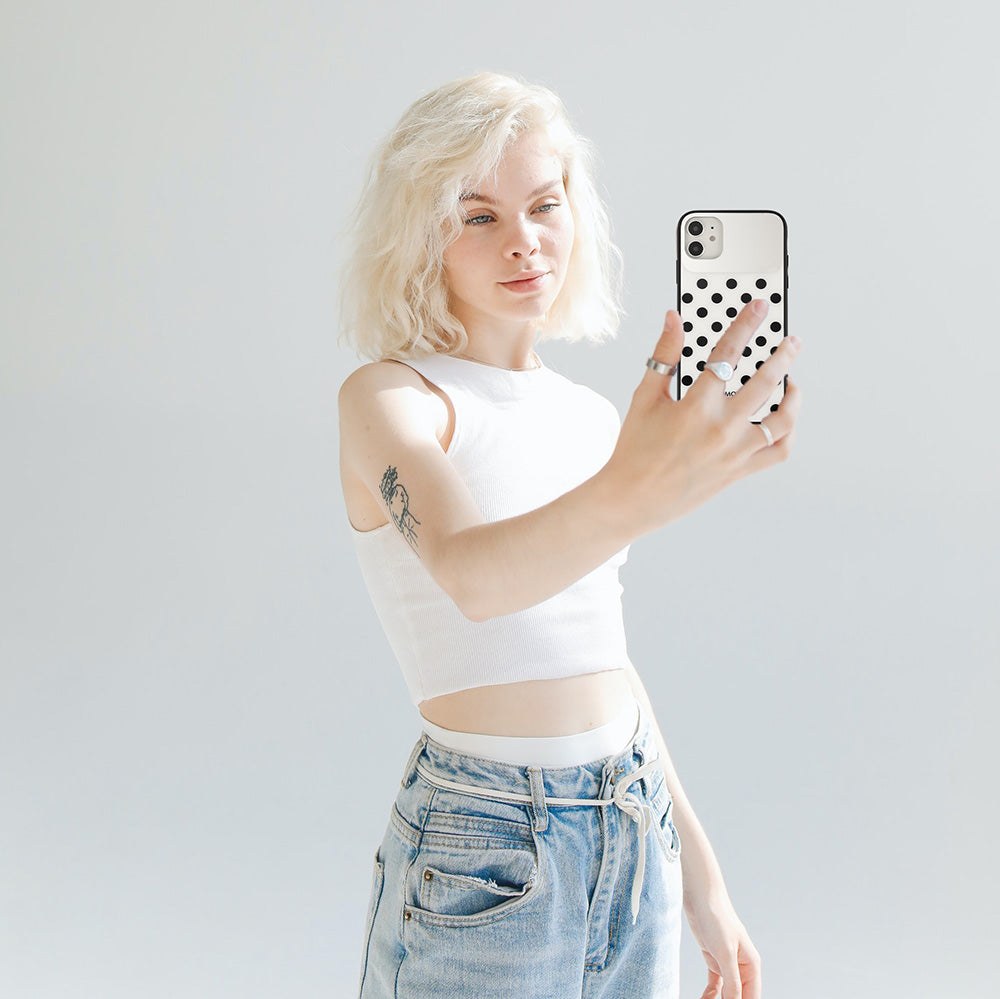 makeup mirror case- retro polka dots- white iphone 11 pro - HIMODA