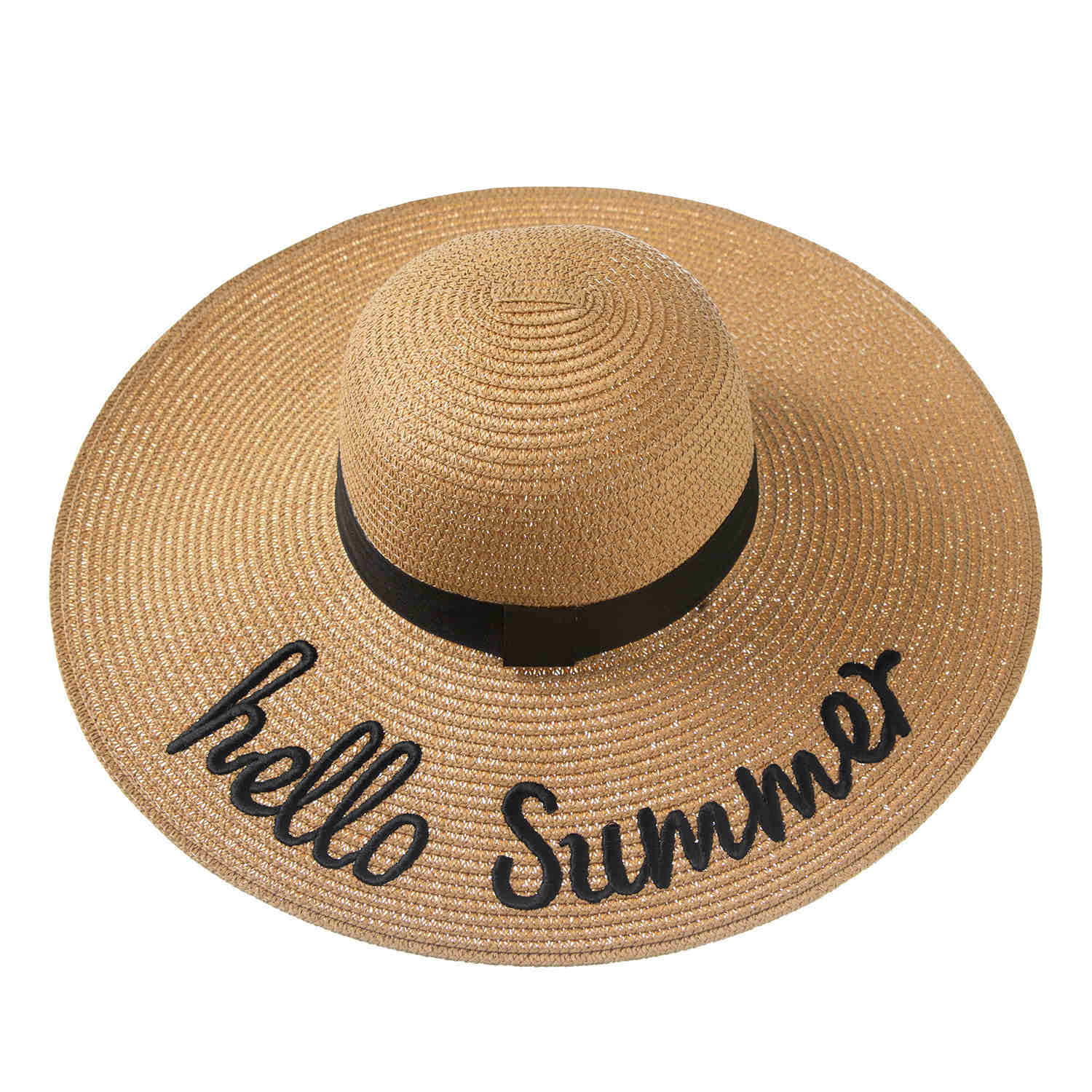 Wide Brim Straw Hat with Embroidered Hello Summer