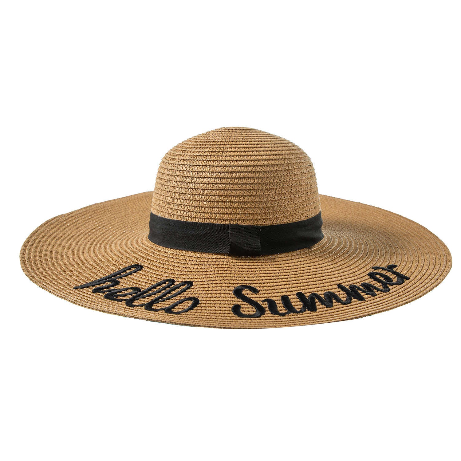 Wide Brim Straw Hat with Embroidered Hello Summer