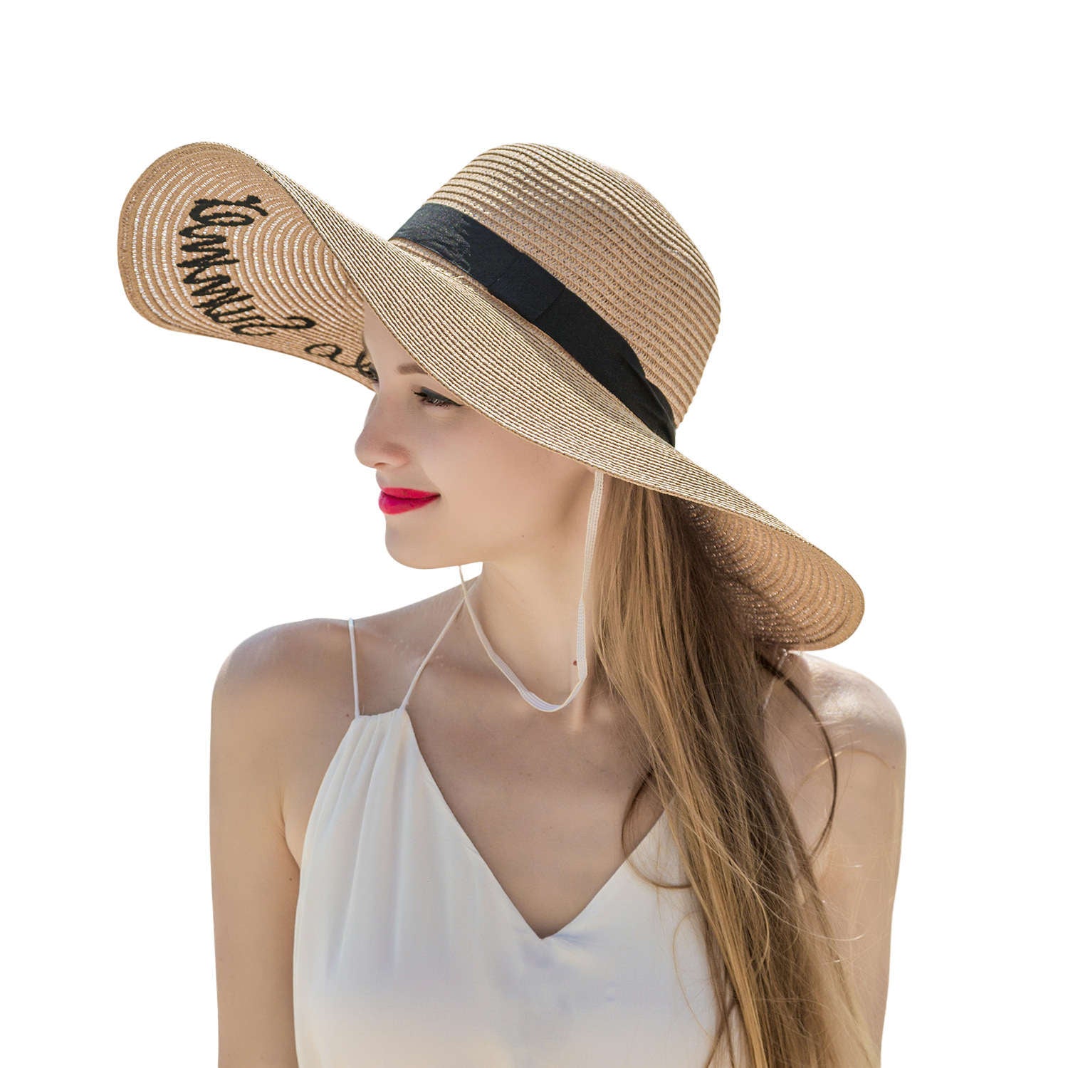 Wide Brim Straw Hat with Embroidered Hello Summer