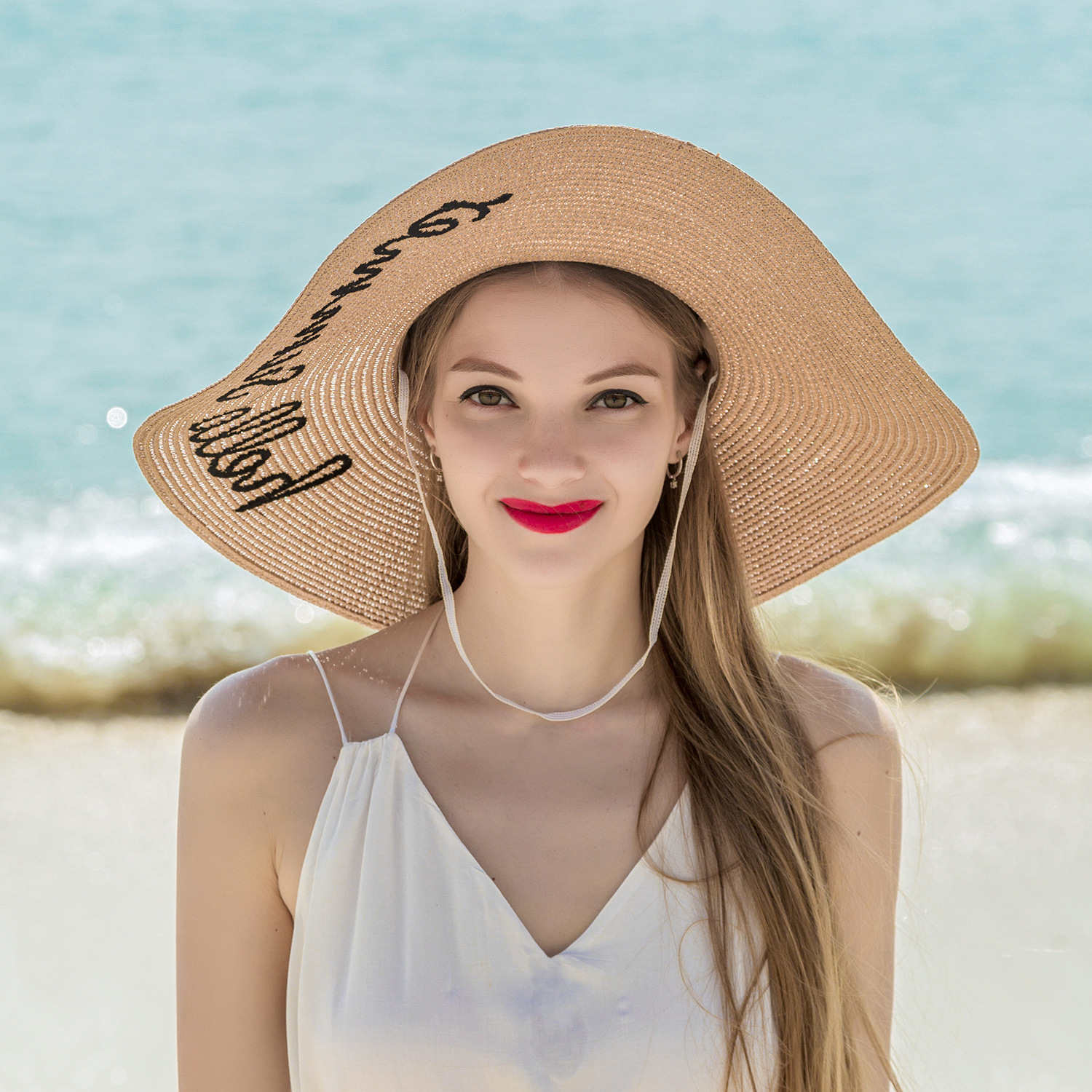 Wide Brim Straw Hat with Embroidered Hello Summer