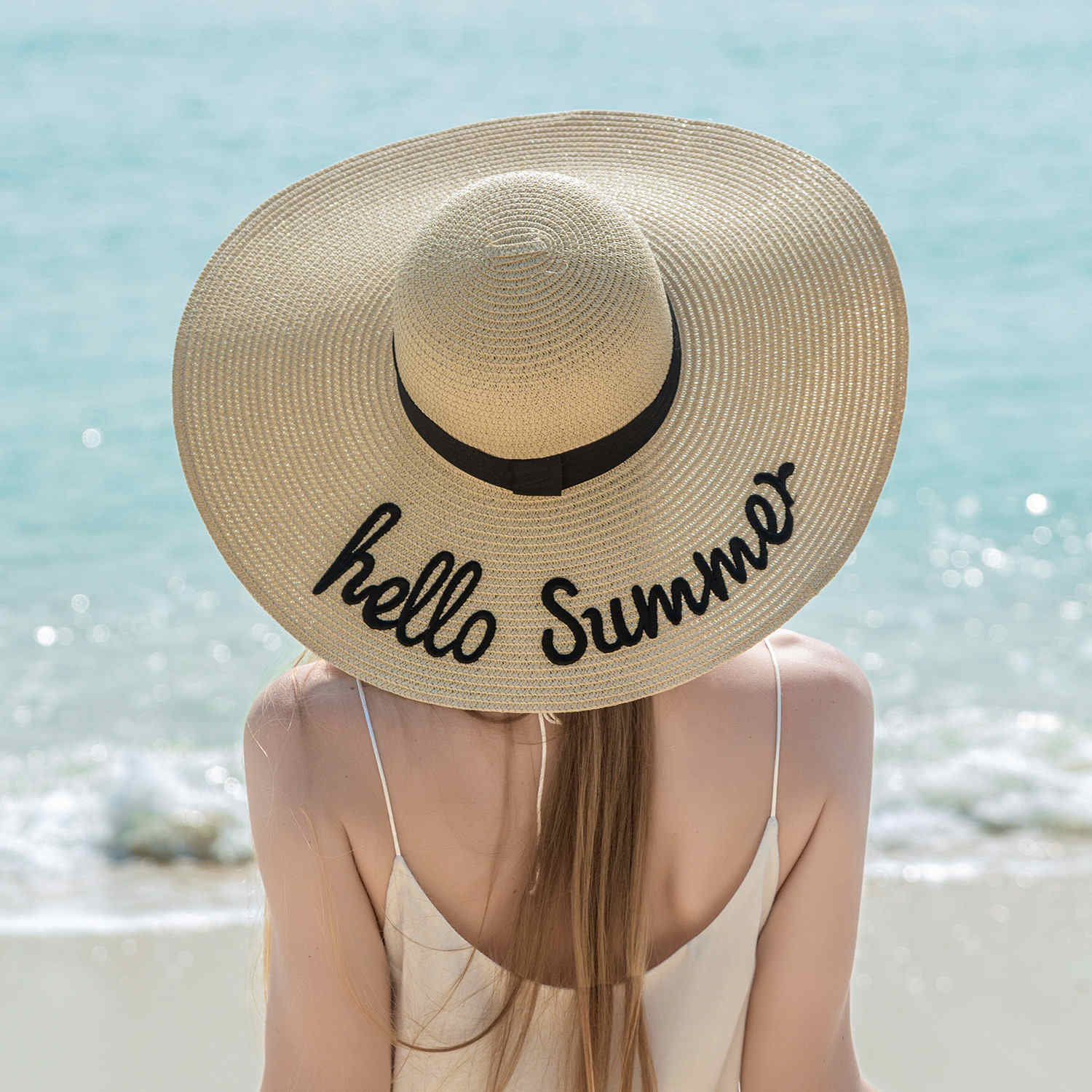 Wide Brim Straw Hat with Embroidered Hello Summer