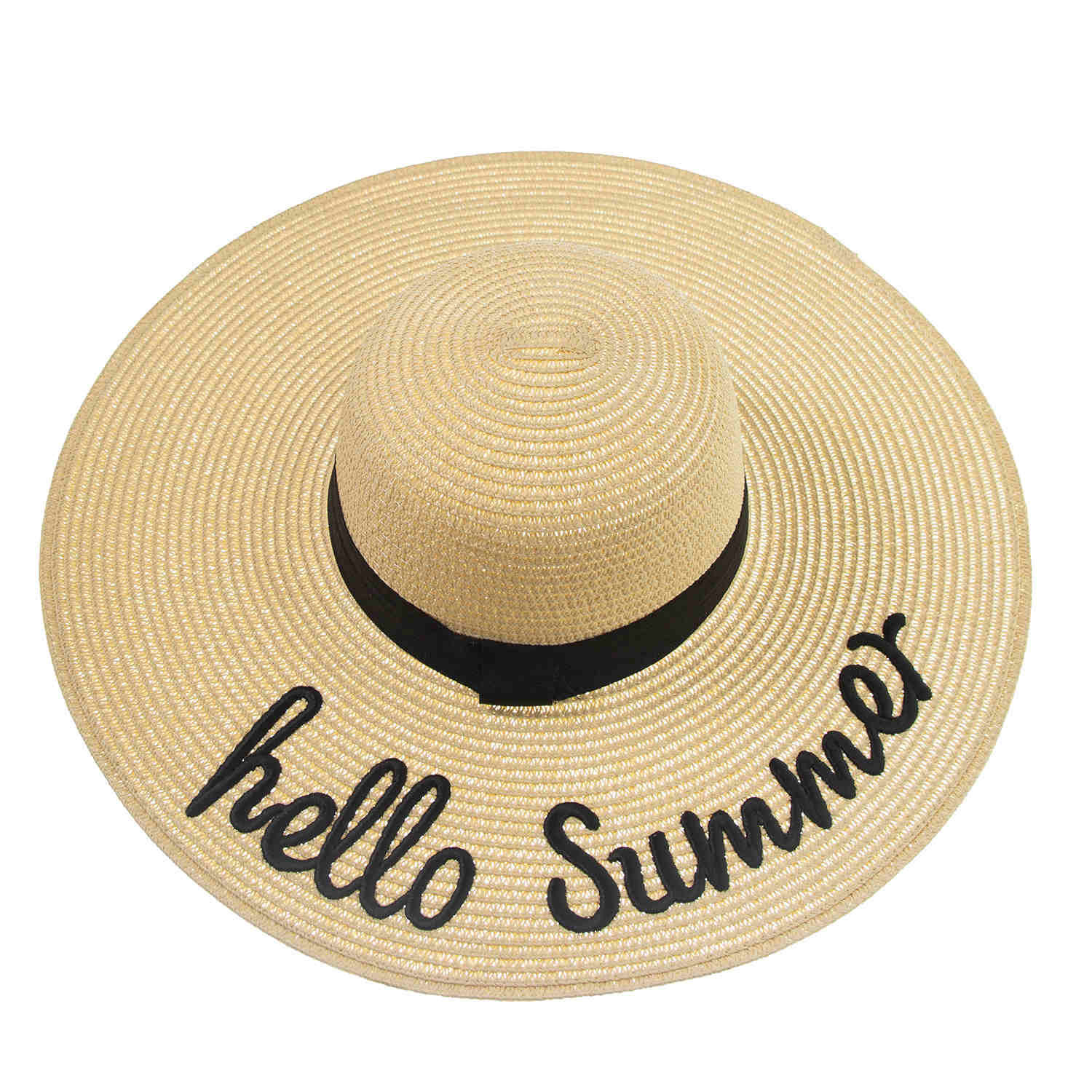 Wide Brim Straw Hat with Embroidered Hello Summer