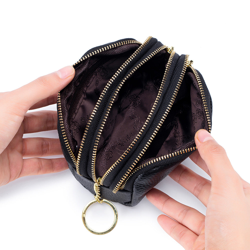 Mini Leather Triple-Pouch Purse with Key Chain