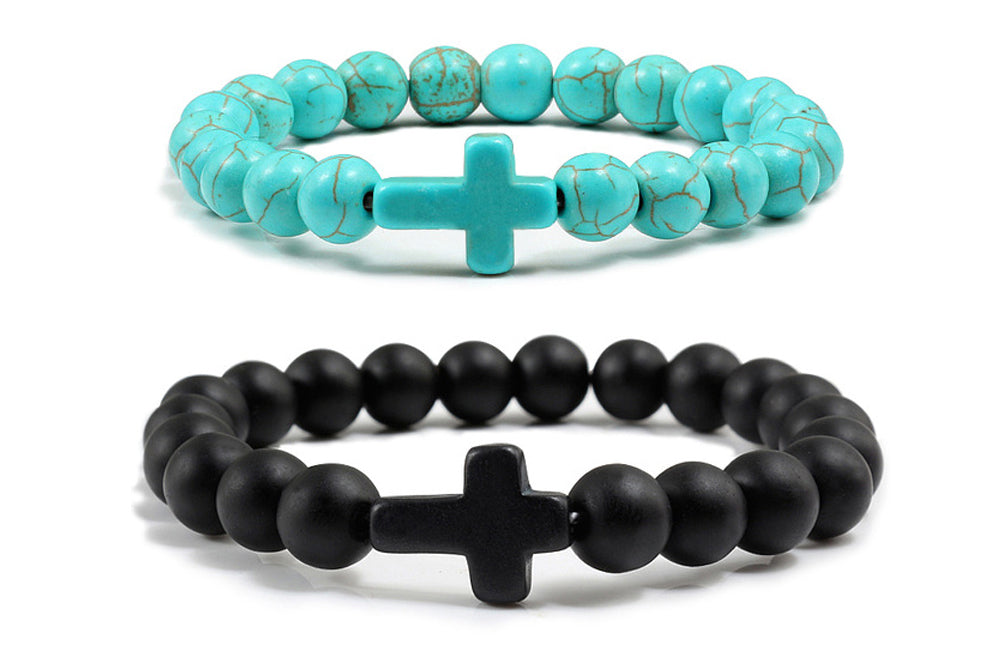 Couple Bracelets with Charm Natural Stone Cross