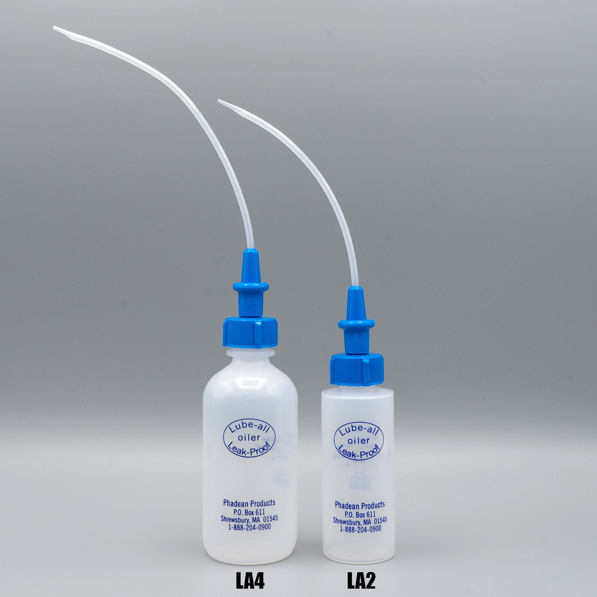 Lube-All Oiler LA24 Twin Pack, 2 oz and 4 oz Bottles with Flexible Spout and In Cap Shut-off Valve