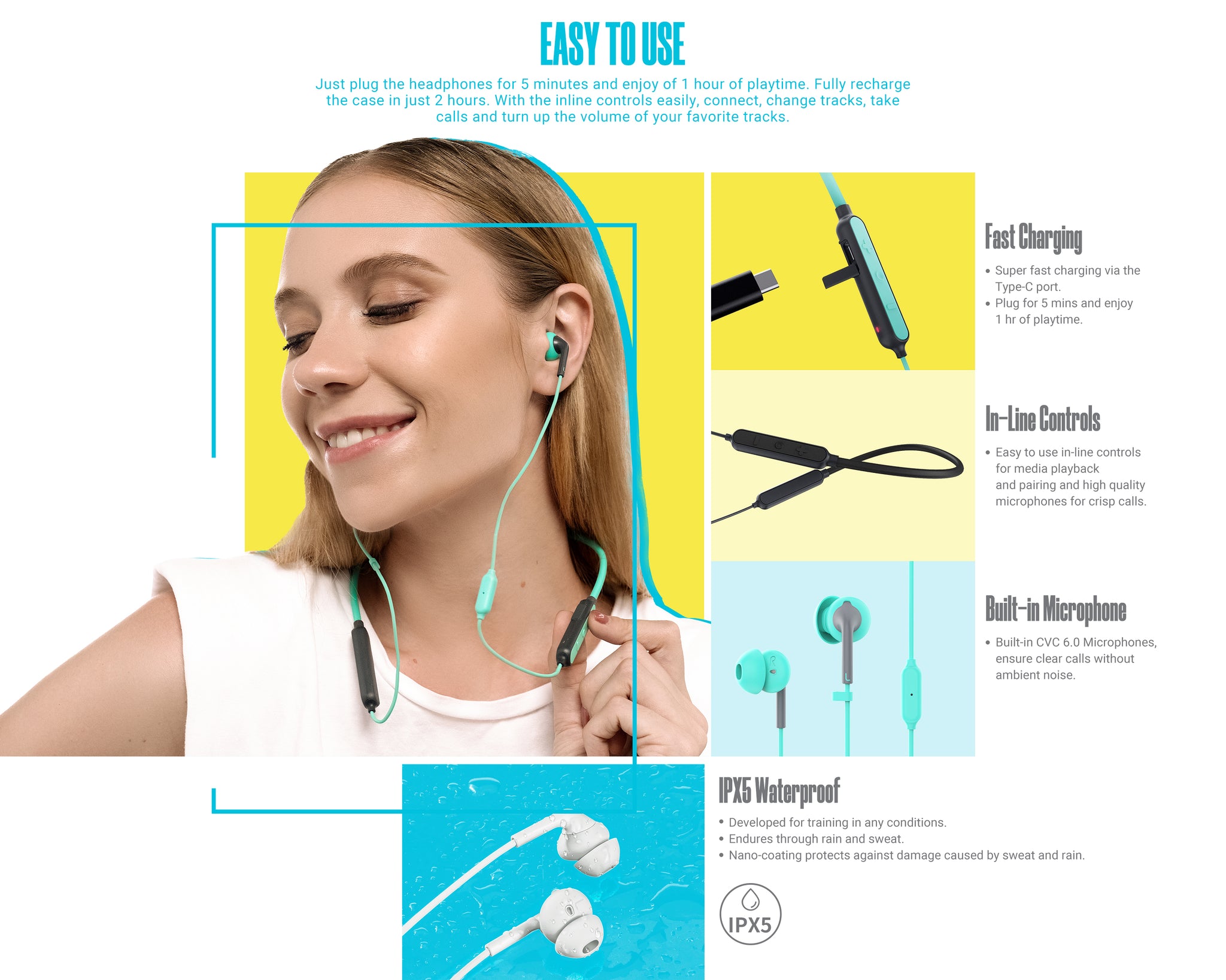 233621 Wave Bluetooth Neckband Headphones IPX5 ​Waterproof & Skin-Friendly Fresh Mint 10.7 mm Drivers 15 Hrs Playtime Stereo Wireless Earbuds with CVC 8.0 Call Noise Cancellation Microphone 