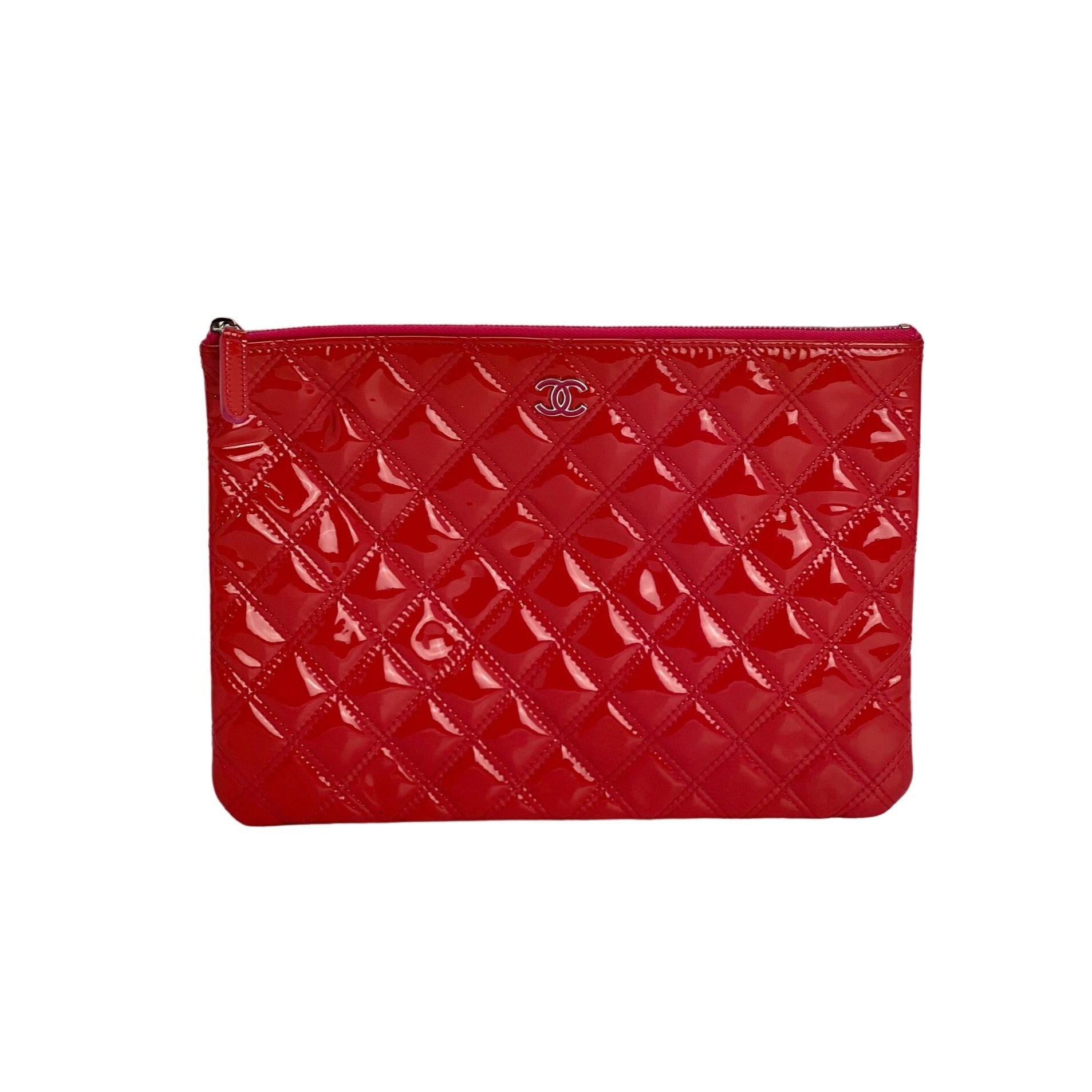 Chanel Patent Quilted Medium Cosmetic Case Dark Pink