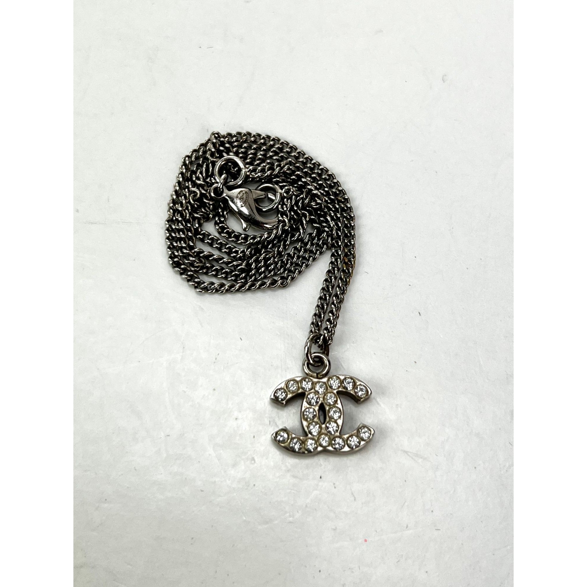 Chanel Crystal CC Logo Silver Necklace Pendant