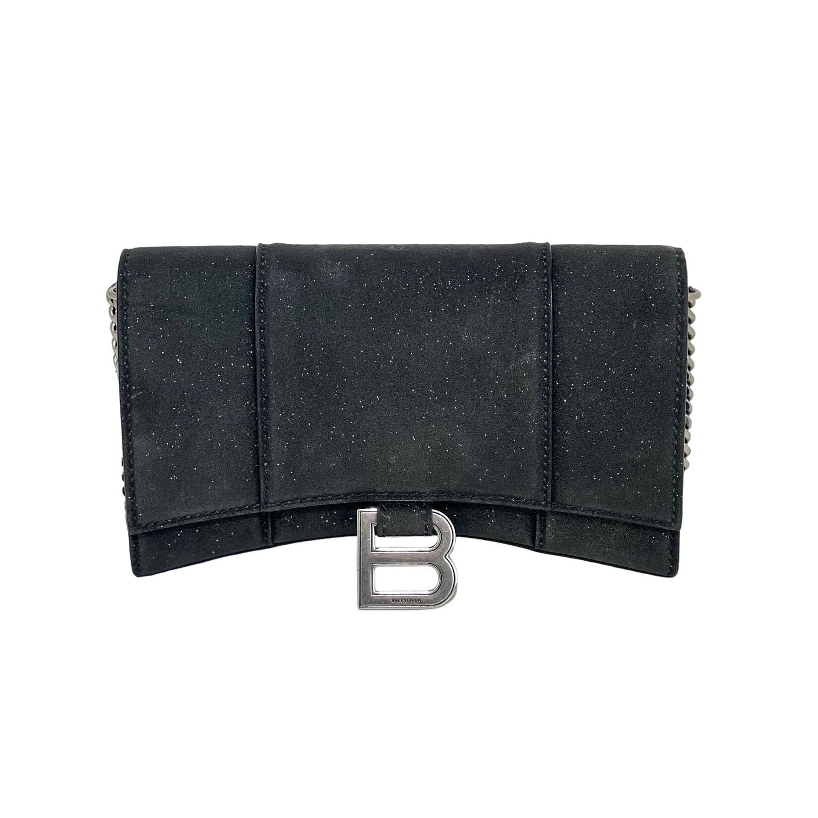 BALENCIAGA Hourglass Wallet On Chain Black Glitter Clutch Shoulder Bag