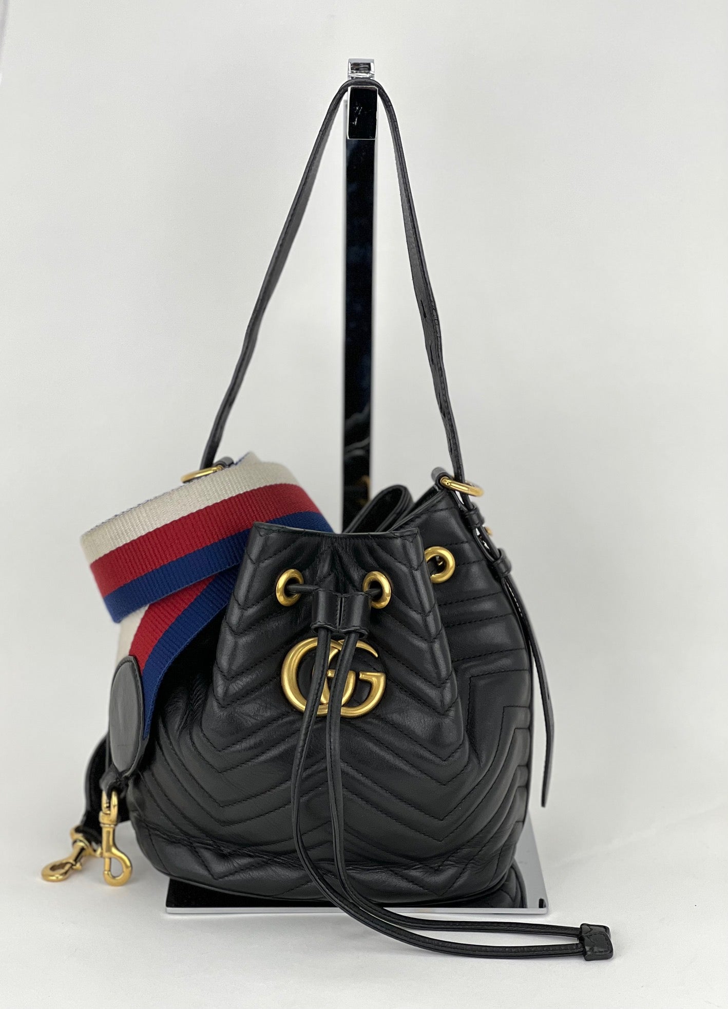 Gucci Handbag Sylvie Web GG Marmont Black Leather Matelasse Bucket Bag