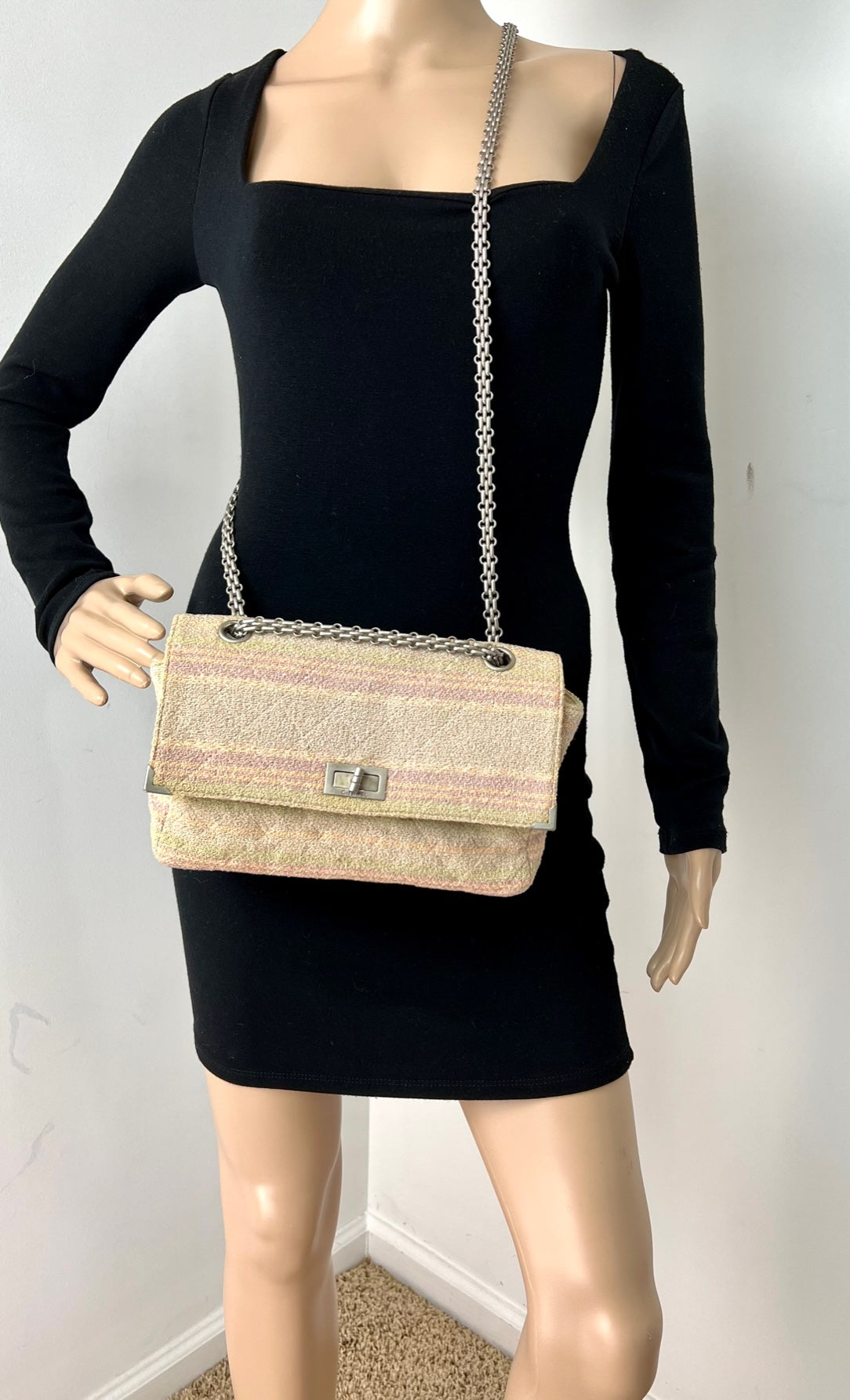 Chanel 2.55 Reissue 225 Single Flap Pink Multicolor Cotton Tweed Shoulder Bag