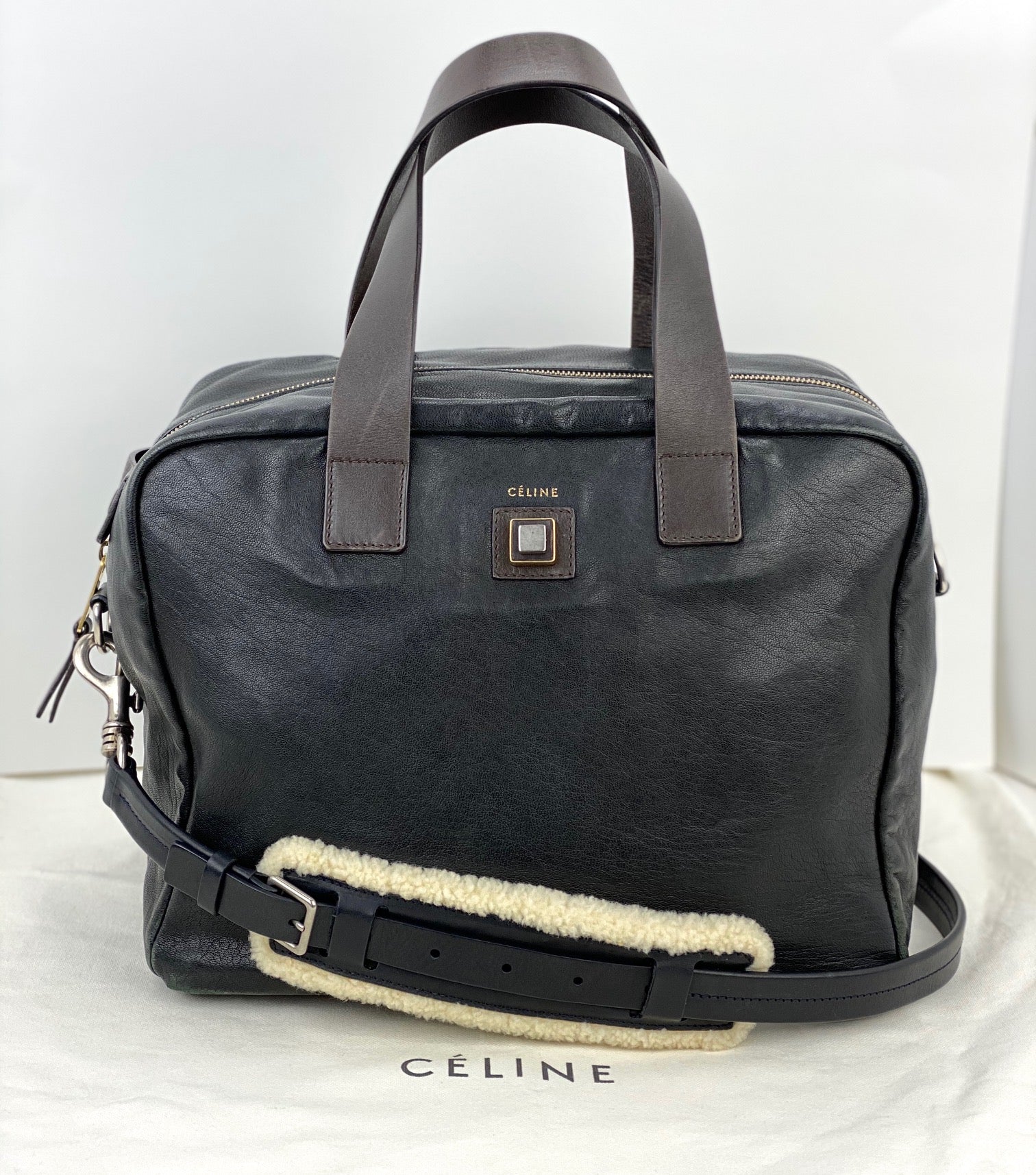 Celine Black Leather Handle Bag Vintage Briefcase messenger Bag