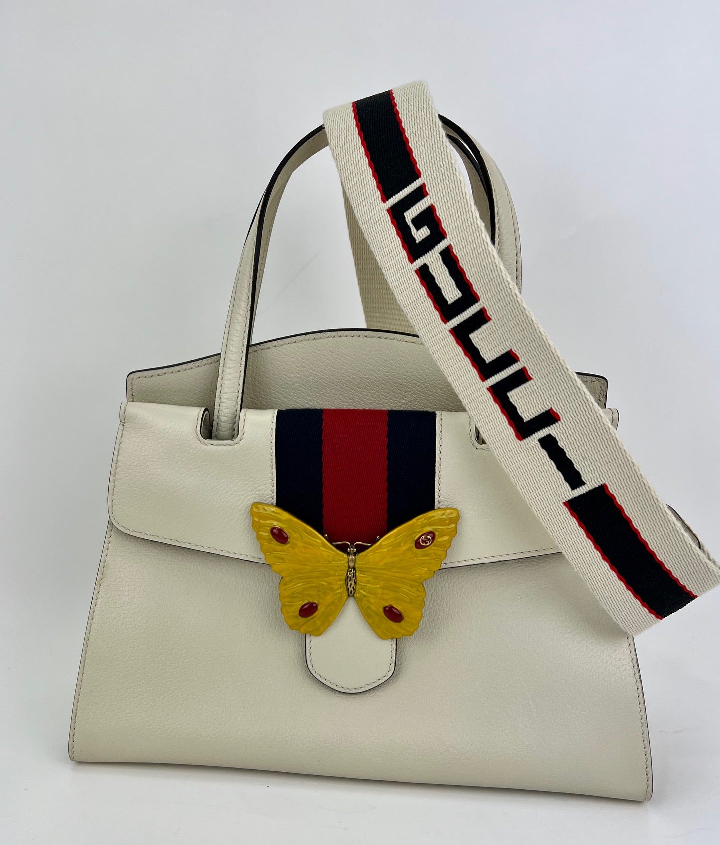 GUCCI Linea Medium Totem Web Stripped Yellow Butterfly Top Handle Bag Preowned