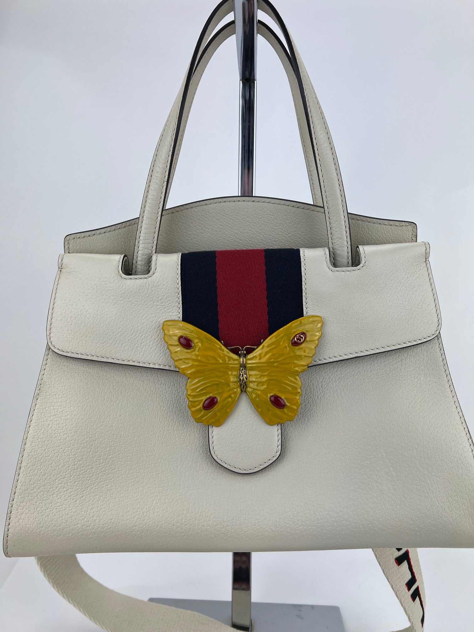 GUCCI Linea Medium Totem Web Stripped Yellow Butterfly Top Handle Bag Preowned