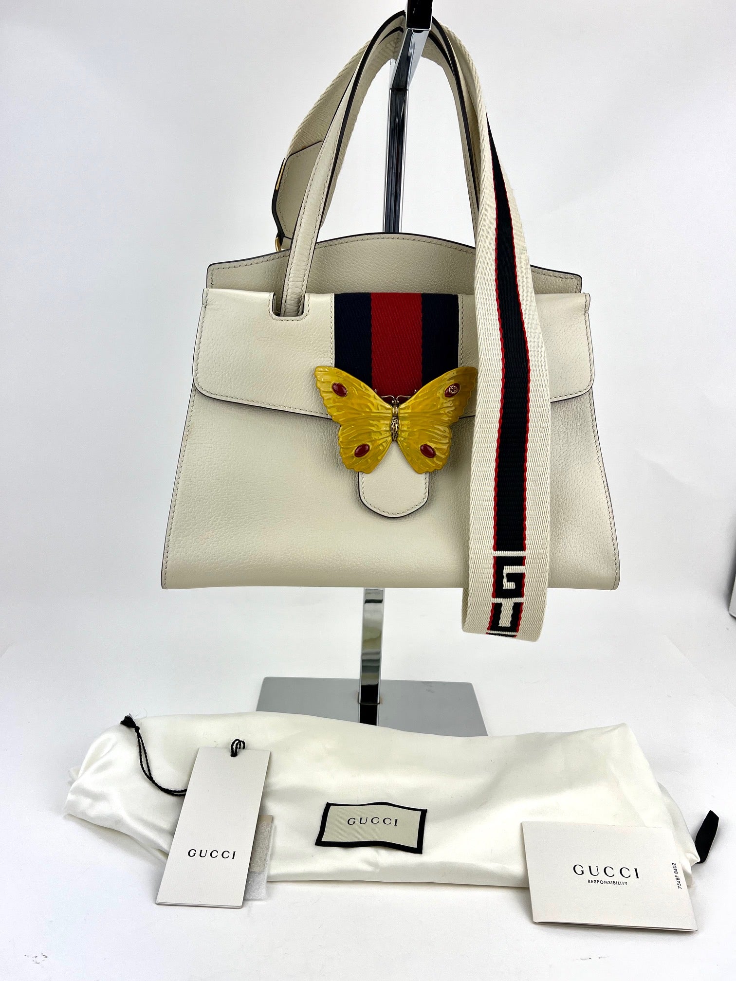 GUCCI Linea Medium Totem Web Stripped Yellow Butterfly Top Handle Bag Preowned